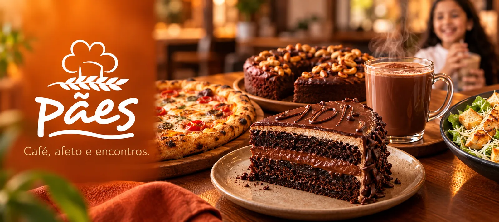 Pães & Delícias Caruaru: bolo de chocolate, pé de moleque, pizza e chocolate quente com o slogan Café, afeto e encontros