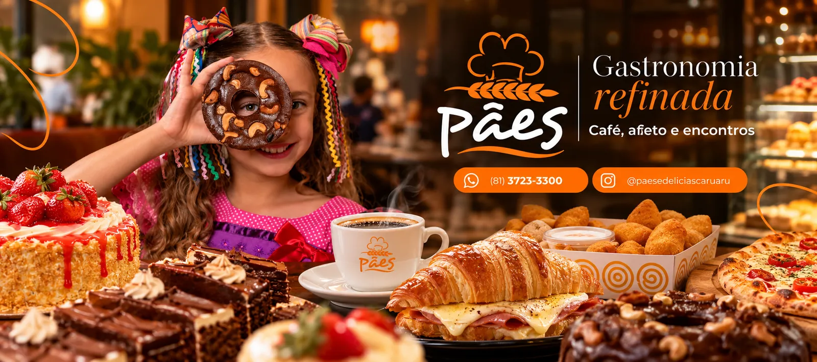 Gastronomia refinada na Pães & Delícias: menina com bolo pé de moleque, croissant, café, tortas e salgados