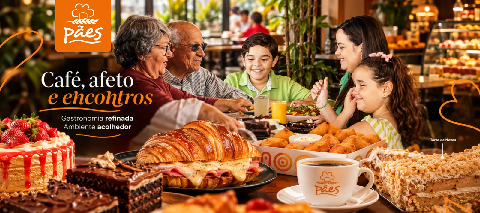 Família reunida à mesa da Pães & Delícias com croissant, café, tortas e salgados, ambiente acolhedor