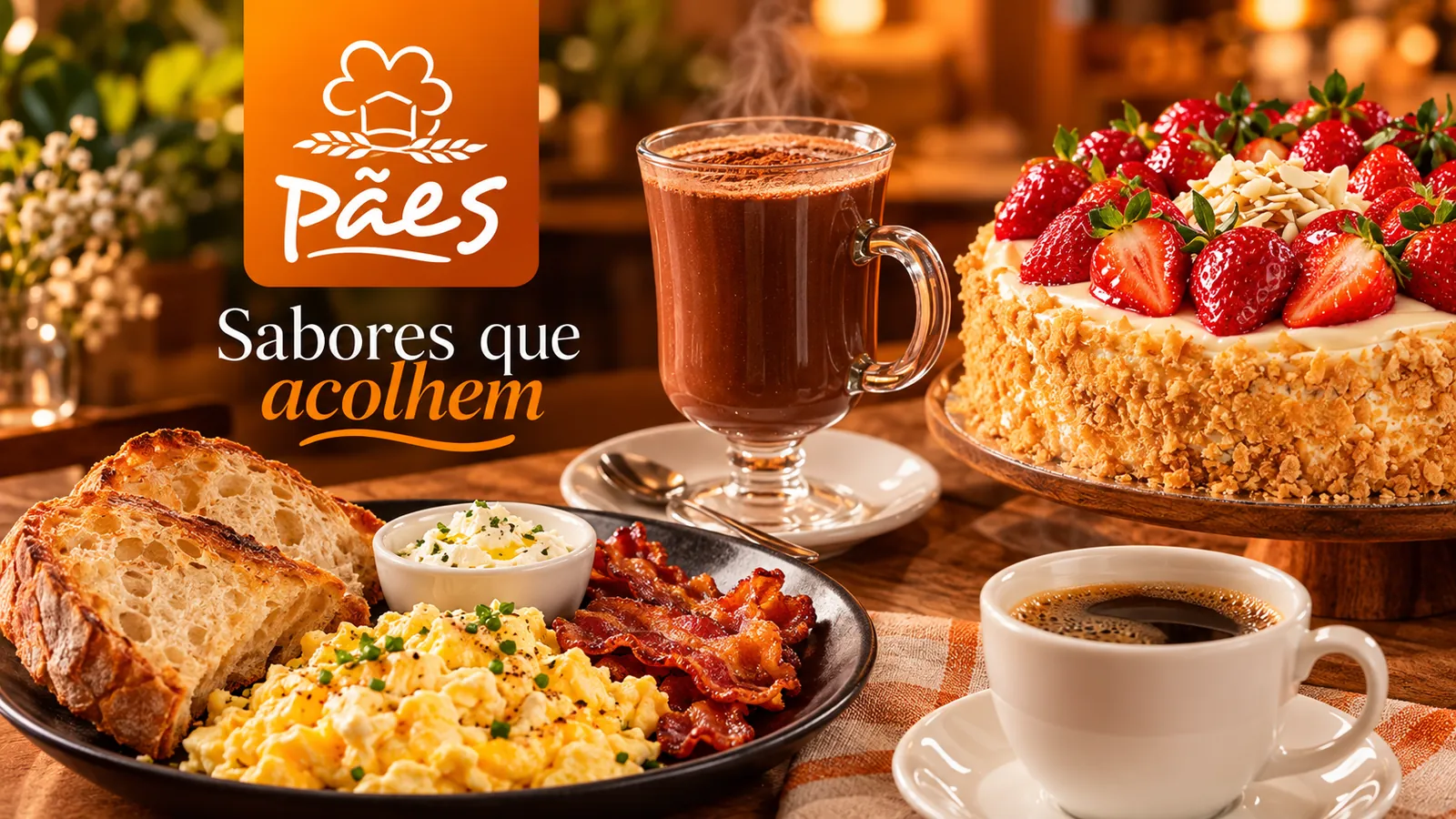 Pães & Delícias, Sabores que acolhem: café da manhã com pão, ovos e bacon, chocolate quente, torta de morango e café